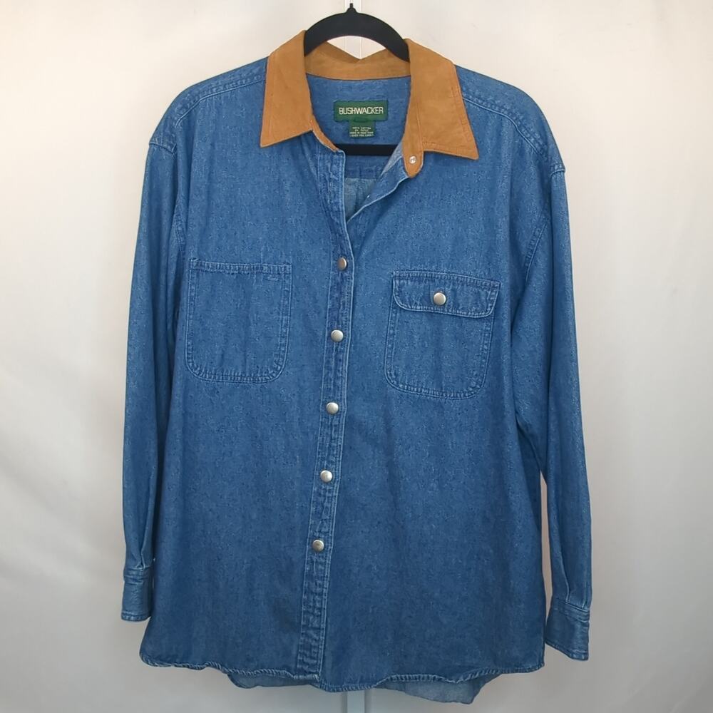 VTG Bushwacker Men's Size Large Denim Shirt Elbow Patch Western Cowboy Suede Dad